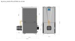 Rysunek wymiarowy kotła Tomiko Pellatron 15 kW z zasobnikiem z tabelą wymiarów producenta