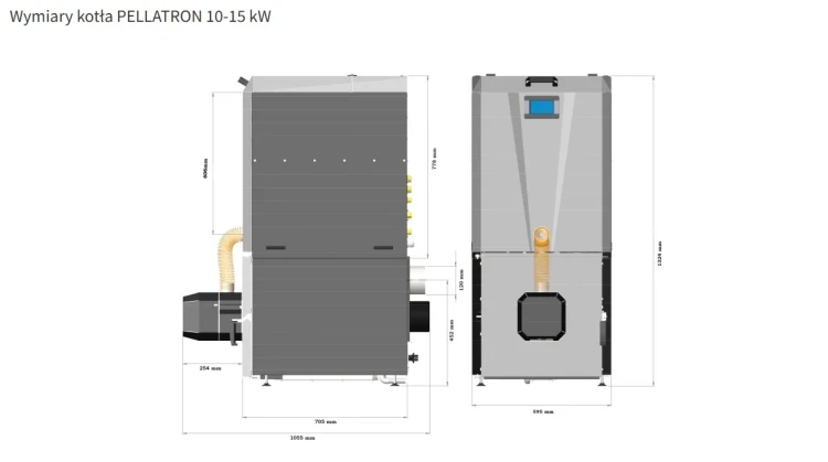 Rysunek wymiarowy kotła Tomiko Pellatron 15 kW z zasobnikiem z tabelą wymiarów producenta