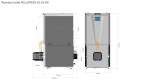 Rysunek wymiarowy kotła Tomiko Pellatron 25 kW z zasobnikiem z tabelą wymiarów producenta