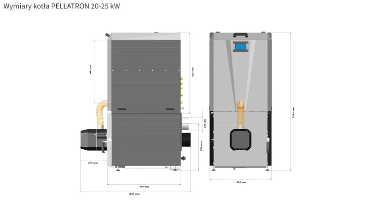 Rysunek wymiarowy kotła Tomiko Pellatron 25 kW z zasobnikiem z tabelą wymiarów producenta