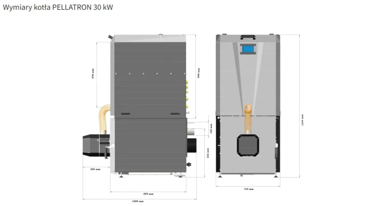 Rysunek wymiarowy kotła Tomiko Pellatron 30 kW z zasobnikiem z tabelą wymiarów producenta