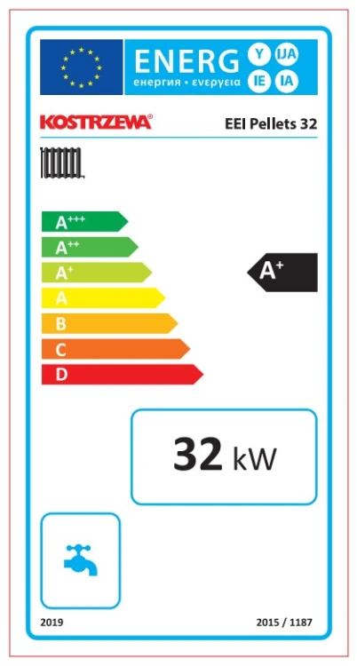 Etykieta energetyczna kotła Kostrzewa EEI Pellets 32 kW, klasa A+. Dokument producenta