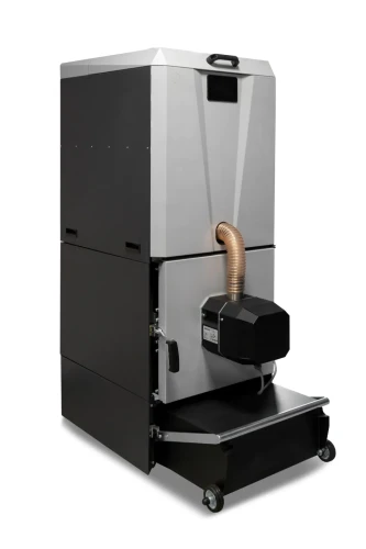 Kocioł na pellet Tomiko Pellatron Premium 30 kW z zasobnikiem i odpopielaniem z boku: zasobnik, obudowa i zbiornik systemu odpopielania. Zdjęcie producenta