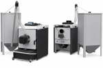 Kocioł na pellet Tomiko Pellatron Plus 10 kW z automatycznym odpopielaniem w dwóch ujęciach: z zasobnikiem zewnętrznym i ze zbiornikiem na popiół. Zdjęcie producenta