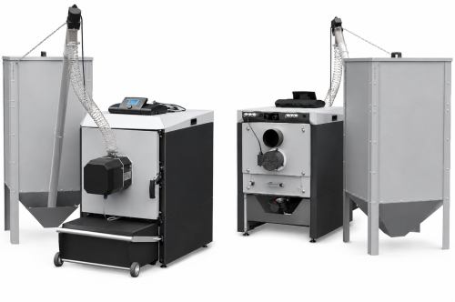 Kocioł na pellet Tomiko Pellatron Plus 10 kW z automatycznym odpopielaniem w dwóch ujęciach: z zasobnikiem zewnętrznym i ze zbiornikiem na popiół. Zdjęcie producenta