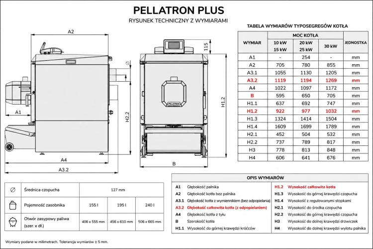 Rysunek wymiarowy kotła Tomiko Pellatron Plus 10 kW z automatycznym odpopielaniem z tabelą wymiarów producenta