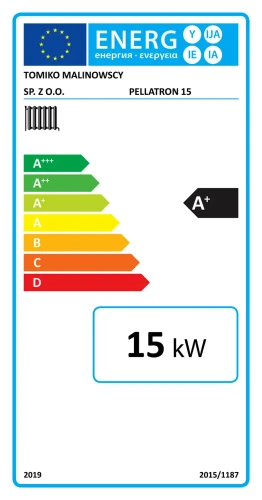 Etykieta energetyczna kotła Tomiko Pellatron Plus 15 kW z automatycznym odpopielaniem: klasa A+, moc 15 kW. Dokument producenta