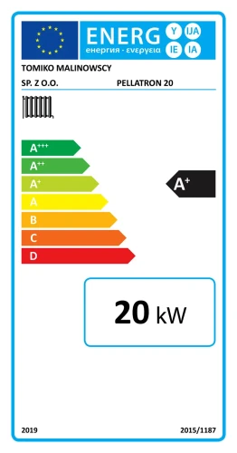 Etykieta energetyczna kotła Tomiko Pellatron Plus 25 kW z automatycznym odpopielaniem: klasa A+, moc 25 kW. Dokument producenta