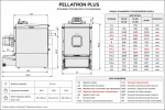 Rysunek wymiarowy kotła Tomiko Pellatron Plus 25 kW z automatycznym odpopielaniem z tabelą wymiarów producenta