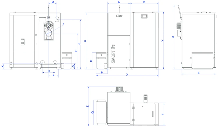 Wymiary kotła HKS Lazar SmartFire SF31 Exclusive 31 kW z systemem automatycznego odpopielania. Szerokość 1750 mm, wysokość 1490 mm, głębokość 1015 mm