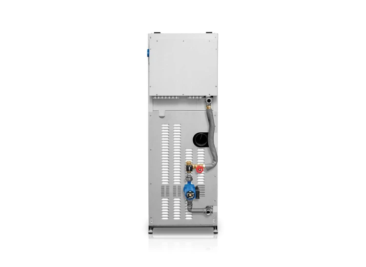 Kocioł na pellet HKS Lazar SmartFire 11/130 11 kW z zasobnikiem 130 l. Widok z tyłu: zestaw hydrauliczny z pompą obiegową i armatura