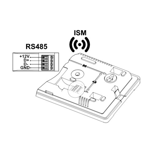 Tył panelu ecoSTER TOUCH K30: złącze RS485 (+12V, D+, D-, GND) do zasilania oraz oznaczenie komunikacji radiowej ISM