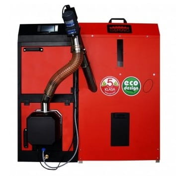 Piec na pellet 20 kW Camino 4 Standard z przodu: palnik KIPI Rotary, rura podajnika i zasobnik obok kotła. Zdjęcie producenta