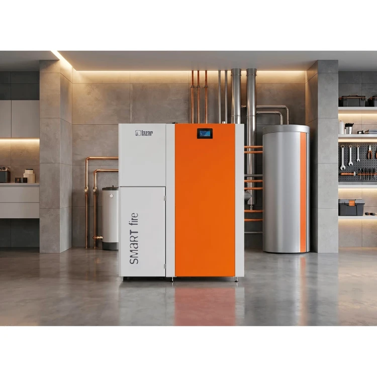 SmartFire EC w nowoczesnej kotłowni obok zasobnika ciepłej wody. Wizualizacja producenta