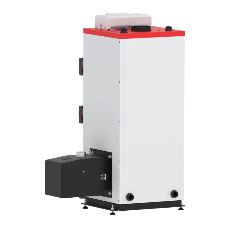 Tył kotła MultiKo Pellet 10 kW: czopuch 120 mm, przyłącza zasilania i powrotu, palnik. Zdjęcie producenta