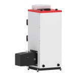 Tył kotła MultiKo Pellet 15 kW: czopuch 120 mm, przyłącza zasilania i powrotu, palnik. Zdjęcie producenta