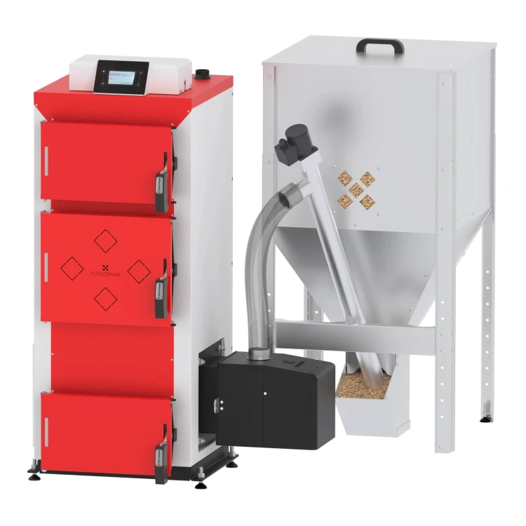 Kocioł na pellet Kotłospaw MultiKo Pellet 20 kW z palnikiem Easy ROT i zasobnikiem pelletu obok kotła. Zdjęcie producenta