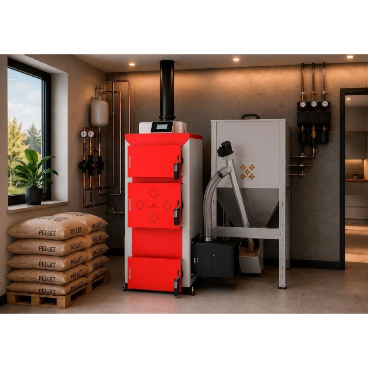 Kocioł na pellet MultiKo Pellet 30 kW w kotłowni, obok zasobnik pelletu i paleta workowanego pelletu. Zdjęcie producenta