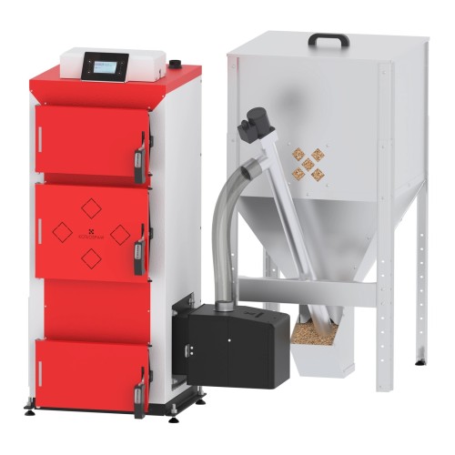 Kocioł na pellet Kotłospaw MultiKo Pellet 40 kW z palnikiem Easy ROT i zasobnikiem pelletu obok kotła. Zdjęcie producenta