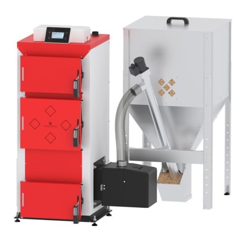 MultiKo Pellet 40 kW z ukosa: czerwone drzwiczki, sterownik ecoMAX na górze, palnik z prawej strony. Zdjęcie producenta
