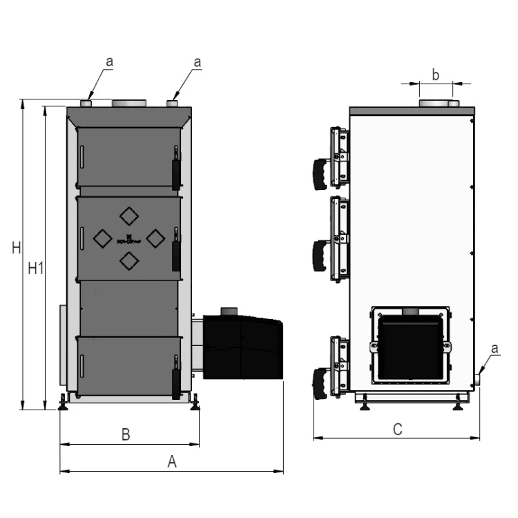Wymiary kotła MultiKo Pellet 40 kW: szerokość 909 mm, głębokość 815 mm, wysokość 1460 mm. Rysunek producenta