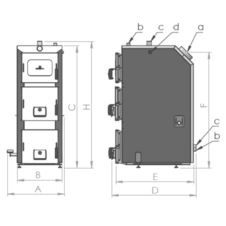 Wymiary kotła DrewKo 12 kW: szerokość 577 mm, głębokość 858 mm, wysokość 1206 mm. Rysunek producenta