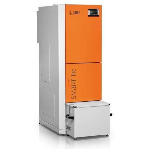 Kocioł na pellet Lazar SmartFire 11 kW / 130 l Exclusive. Widok skośny z wysuwanym pojemnikiem na popiół. Zdjęcie główne