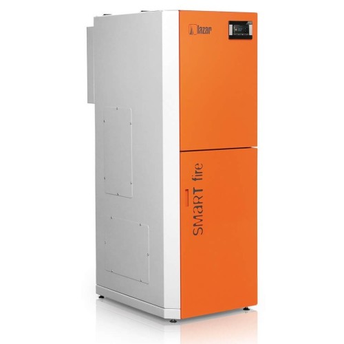 Kocioł na pellet HKS Lazar SmartFire 11/130 11 kW z zasobnikiem 130 l. Widok skośny. Zdjęcie główne