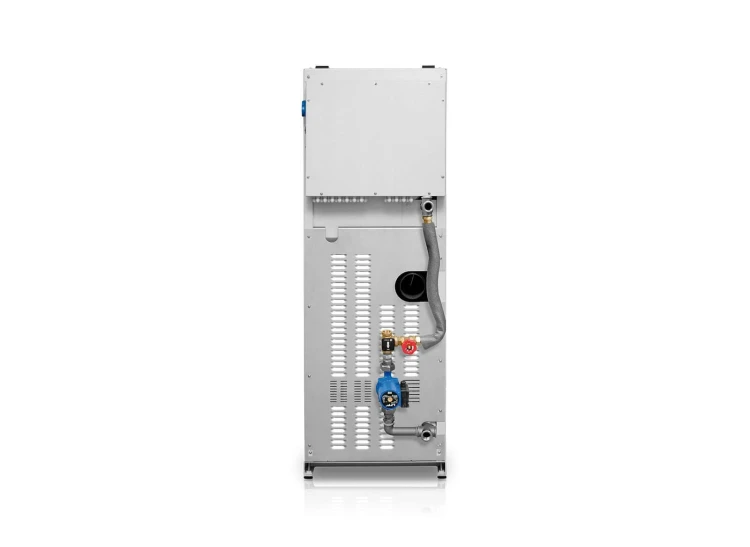 Kocioł na pellet HKS Lazar SmartFire 11/130 11 kW z zasobnikiem 130 l. Widok z tyłu: zestaw hydrauliczny z pompą obiegową i armatura