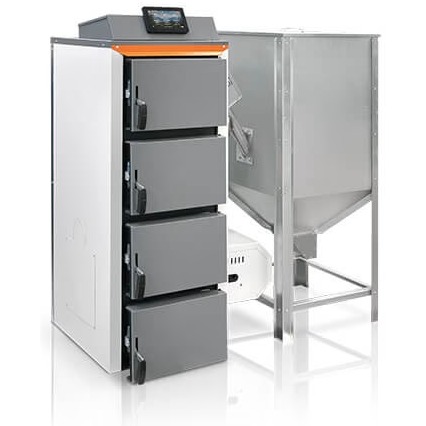 Kocioł na pellet HKS Lazar Pellet Focus 20 kW z zasobnikiem stojącym obok, widok z ukosa. Zdjęcie producenta