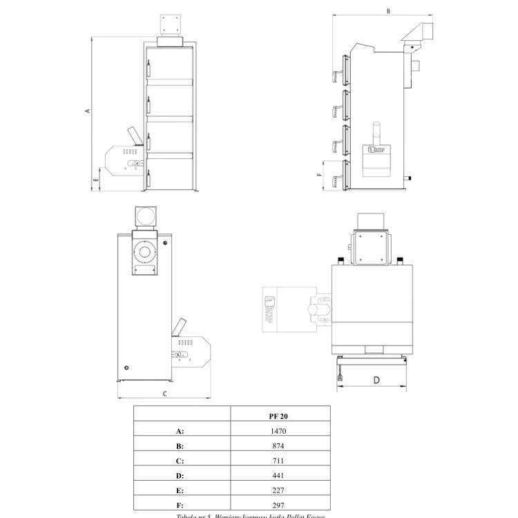 Rysunek wymiarowy korpusu kotła Pellet Focus 20 w czterech widokach z tabelą wymiarów A-F (A 1470 mm). Rysunek z instrukcji producenta