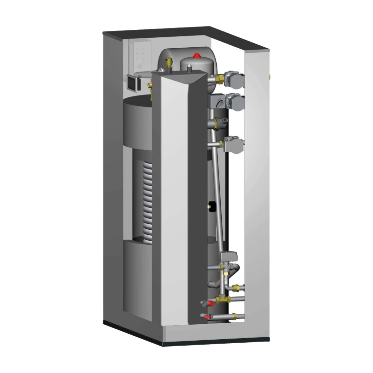 Moduł SmartTower 100 w przekroju: zasobnik ciepłej wody 190 l i bufor 100 l. Rysunek producenta