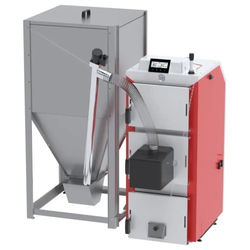 Kocioł na drewno i pellet 12 kW Kotłospaw DrewKo Hybrid z palnikiem Easy ROT i zasobnikiem pelletu obok kotła (zasobnik dobierany osobno). Wizualizacja producenta