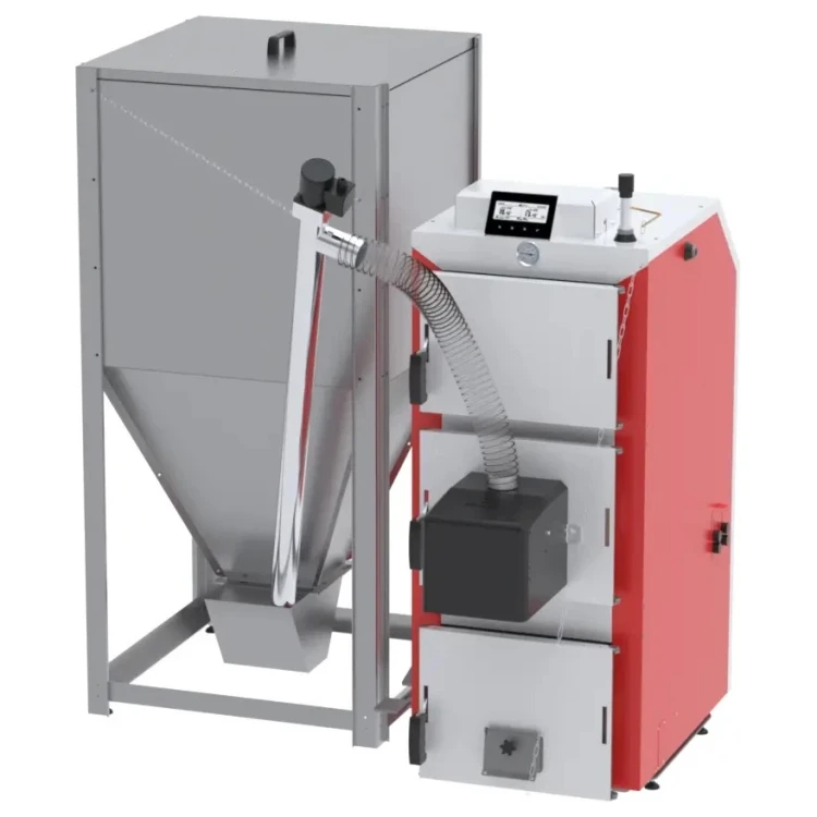 Kocioł na drewno i pellet 12 kW Kotłospaw DrewKo Hybrid z palnikiem Easy ROT i zasobnikiem pelletu obok kotła (zasobnik dobierany osobno). Wizualizacja producenta