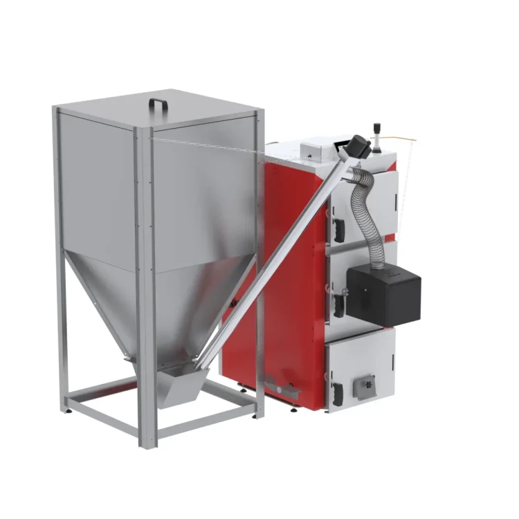 DrewKo Hybrid z boku: rura podajnika łączy zasobnik pelletu z palnikiem Easy ROT. Wizualizacja producenta