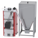 Kocioł na drewno i pellet 24 kW Kotłospaw DrewKo Hybrid z palnikiem Easy ROT i zasobnikiem pelletu obok kotła (zasobnik dobierany osobno). Wizualizacja producenta
