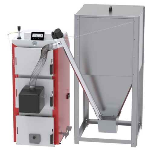 Kocioł na drewno i pellet 24 kW Kotłospaw DrewKo Hybrid z palnikiem Easy ROT i zasobnikiem pelletu obok kotła (zasobnik dobierany osobno). Wizualizacja producenta