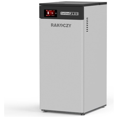 Kocioł na pellet Rakoczy Cortina Plus 11 kW z ukosa: jasnoszara obudowa, sterownik RK-tronic 900 Touch na górnym panelu. Materiał producenta
