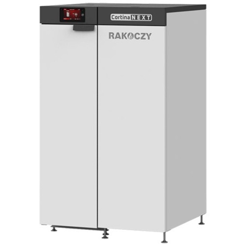 Kocioł na pellet Rakoczy Cortina Next 15 kW z ukosa: kocioł i zbiornik pelletu obok, sterownik na górnym panelu. Materiał producenta