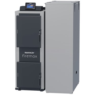 Kocioł na pellet Rakoczy Firemax Plus 20 kW z ukosa: kocioł z obudowanym zasobnikiem 190 dm³ obok. Materiał producenta