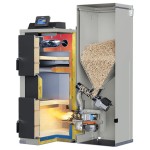 Kocioł na pellet Rakoczy Firemax Plus 30 kW przekrój: wymiennik z ceramiką, palnik z podajnikiem i obudowany zasobnik z pelletem. Materiał producenta