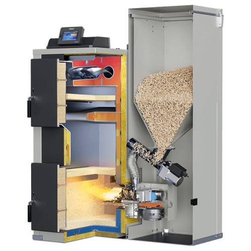 Kocioł na pellet Rakoczy Firemax Plus 30 kW przekrój: wymiennik z ceramiką, palnik z podajnikiem i obudowany zasobnik z pelletem. Materiał producenta