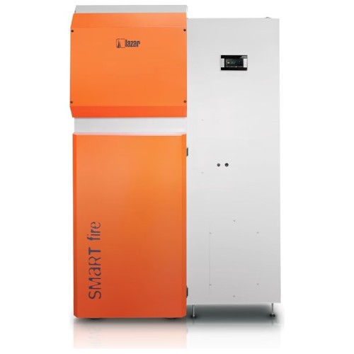 Kocioł na pellet HKS Lazar SmartFire 81 kW z przodu: drzwi komory kotła i obudowa zasobnika. Zdjęcie producenta