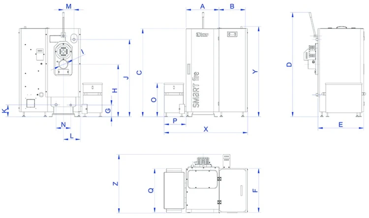 Kocioł na pellet HKS Lazar SmartFire Compact 15 kW rysunek wymiarowy kotła SmartFire Compact z pojemnikiem odpopielania. Materiał producenta