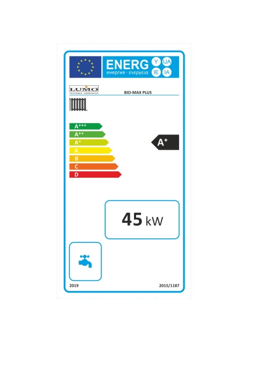 Etykieta energetyczna kotła Lumo Bio Max Plus 45 kW: klasa A+. Dokument producenta