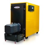 Kocioł na pellet Lumo Bio Max Plus 300 kW z palnikiem i pojemnikiem na popiół na kółkach. Zdjęcie producenta