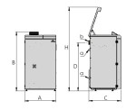 Rysunek wymiarowy kotła Kotłospaw InPell: szerokość A, wysokość B, głębokość C, oś czopucha D i wysokość z otwartą pokrywą H. Rysunek producenta