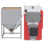Kocioł na pellet Kotłospaw SlimKo MAXI 80 kW z zasobnikiem pelletu na stelażu i podajnikiem do palnika Easy STEP. Wizualizacja producenta