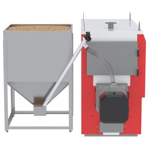 Kocioł na pellet Kotłospaw SlimKo MAXI 125 kW z zasobnikiem pelletu na stelażu i podajnikiem do palnika Easy STEP. Wizualizacja producenta