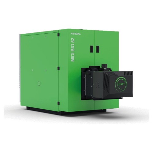 Kocioł na pellet Kostrzewa MIDI BIO NE 42 kW z palnikiem Platinum Bio Spin. Zdjęcie producenta, na obudowie napis MIDI BIO 52; wersja 42 kW ma ten sam wygląd